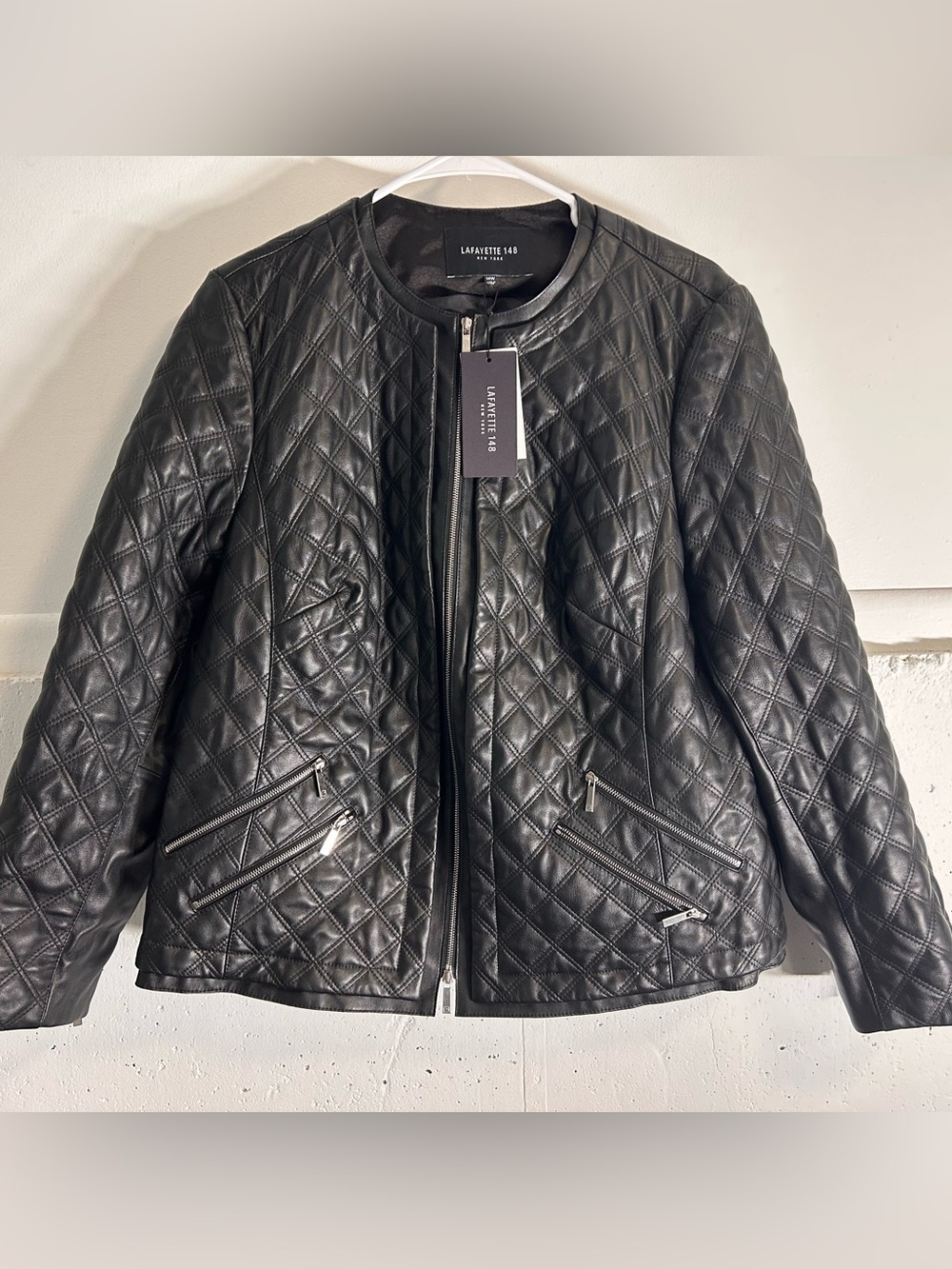 Lafayette 148 New York Black Quilted Collarless Leather Jacket NWT